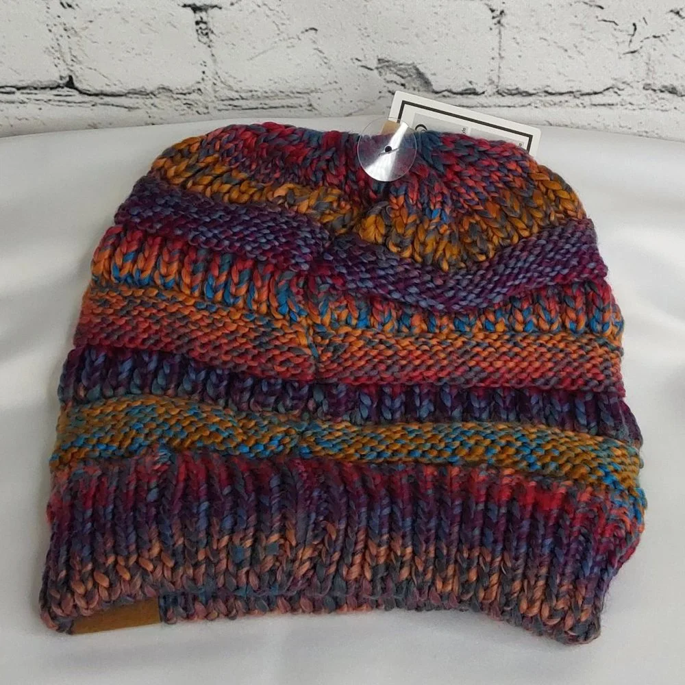 'C.C BEANIE' MESSY BUN BEANIE TAIL' VARIEGATED STRIPE - Picture 4 of 16